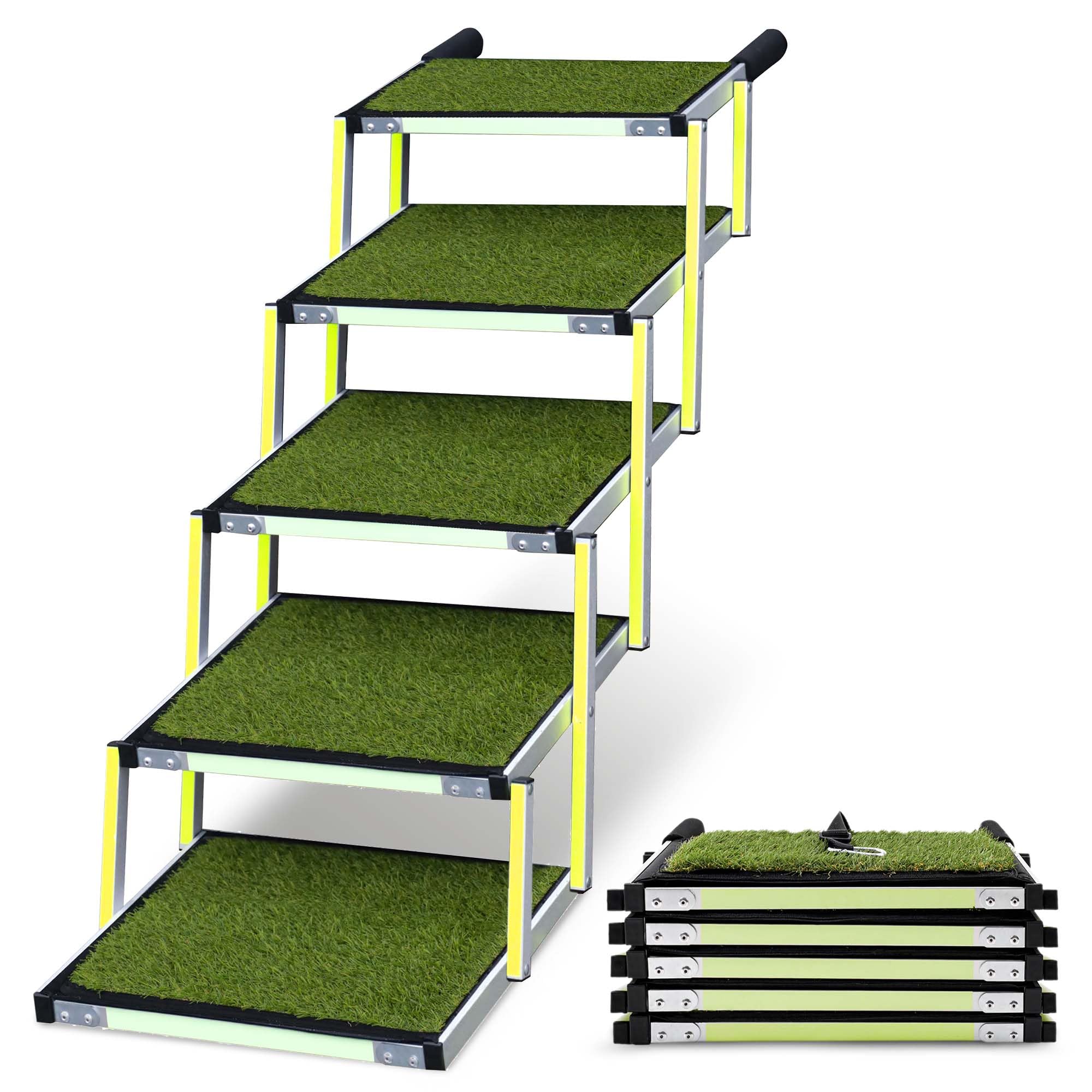 Escalera para Perros pequeños y Grandes - Marca Que Brilla en la Oscuridad - Superficie de césped Artificial Antideslizante - Rampa de Coche Plegable - Apto para Todos los Coches - 5 Escalones