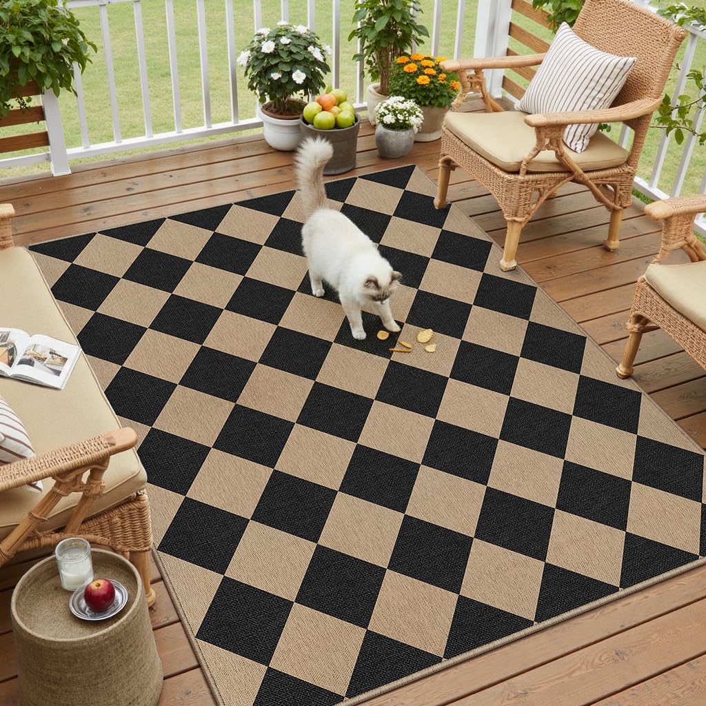 PureCozy Outdoor Teppich Wohnzimmer 80x150cm Outdoorteppich Wetterfest Balkon Braun Schwarz Teppiche Jute Optik Waschbarer rutschfest Groß Carpet Terrassen Garten Esszimmer BüRo Indoor Rug