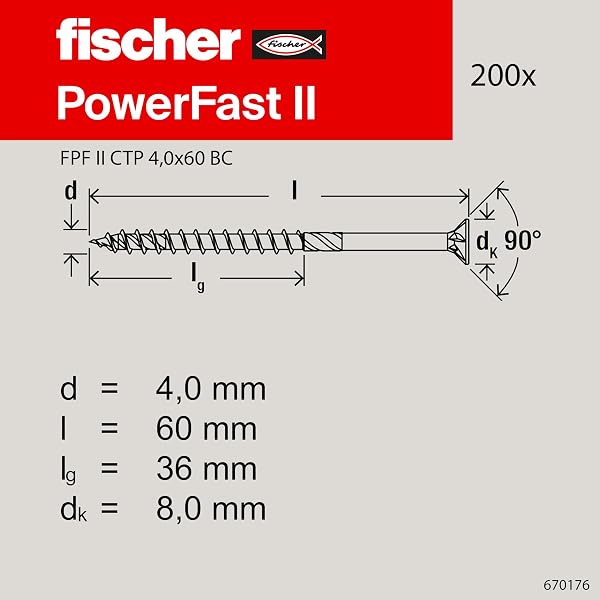Fischer 670176 Power-Fast II FPF II CTP - Viti per Legno o Truciolare a Filetto Parziale, Torx, Testa Svasata Piana, Blu (Passivato), 4,0x60 mm, 200 Pezzi - 2