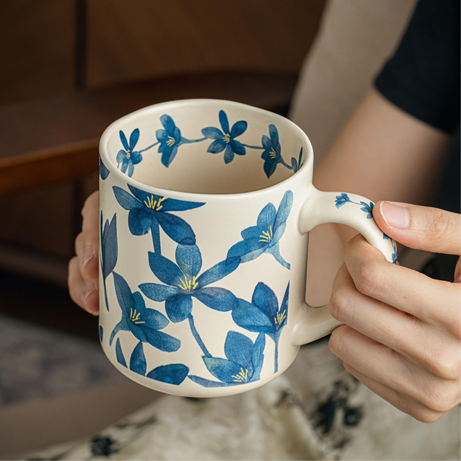 Taza de cerámica de flores onduladas de 500 ml, taza de café para el hogar, orquídea de lluvia