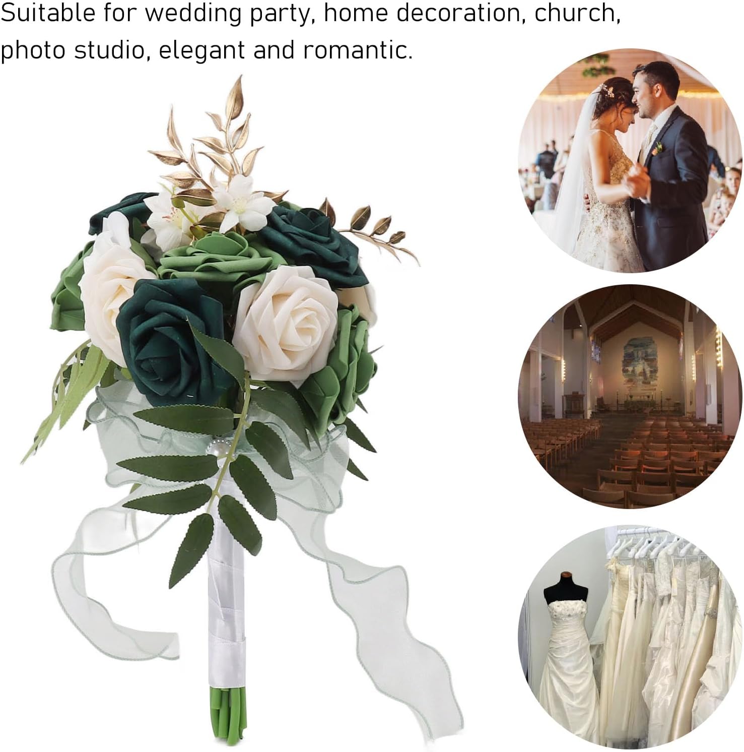 Bridal Bouquets for Bride,Wedding Bouquets Silk Plastic Realistic Romantic Hand Bouquet for Valentine's Day Party Church(Green+White)