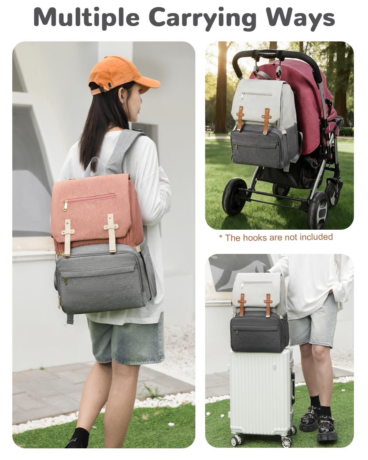 Sac à Dos à Langer pour Bébé, Sac a Langers Grande avec Matelas à Langer Portable, Sacs à Couche Maternite Multifonctionnels avec Poches Isothermes Mama, Blanc-Gris