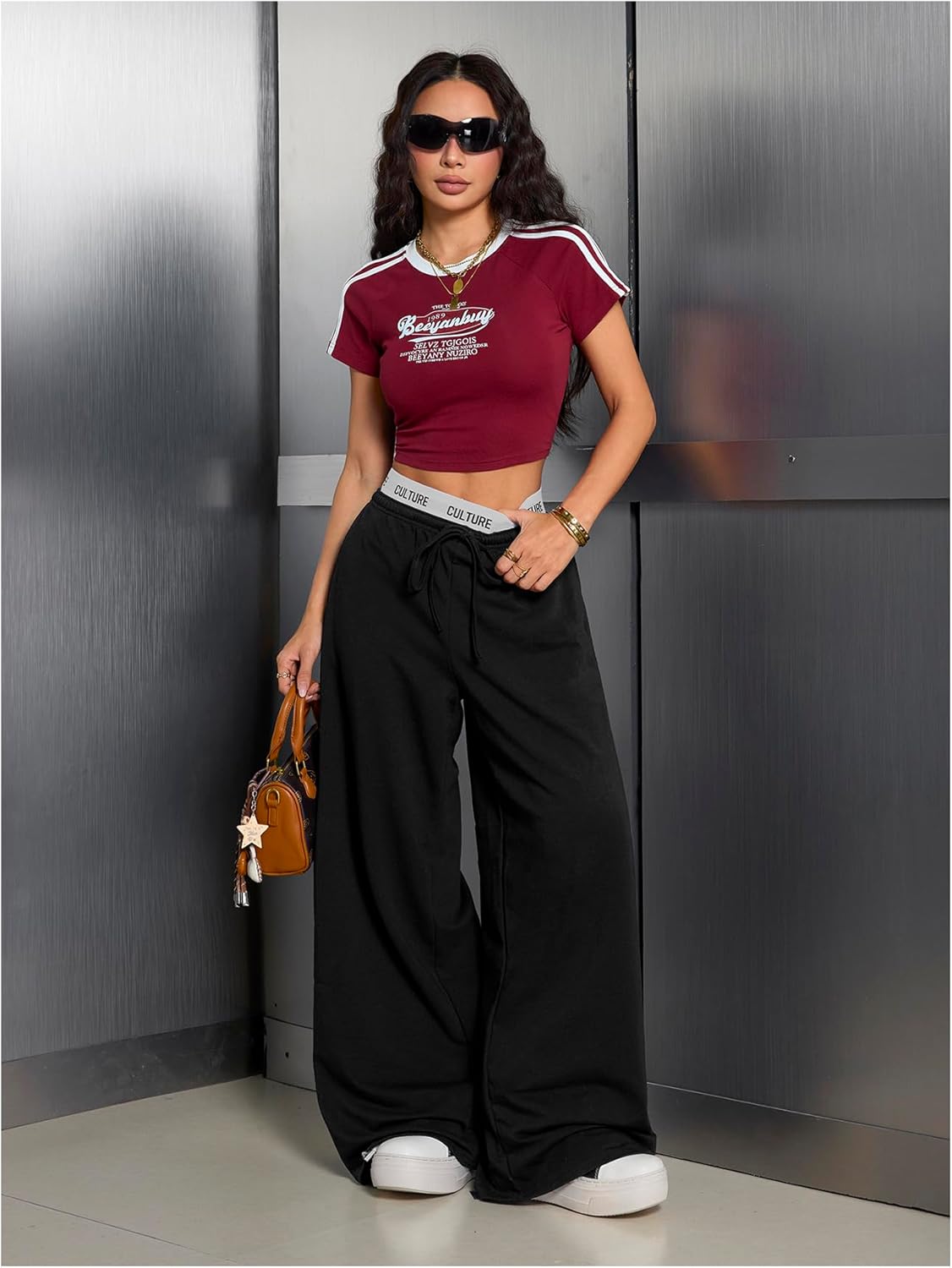 WDIRARA Women's Letter Tape Drawstring Waist Wide Leg Sweatpants Athletic Workout Baggy Pants with Pockets - Image 6