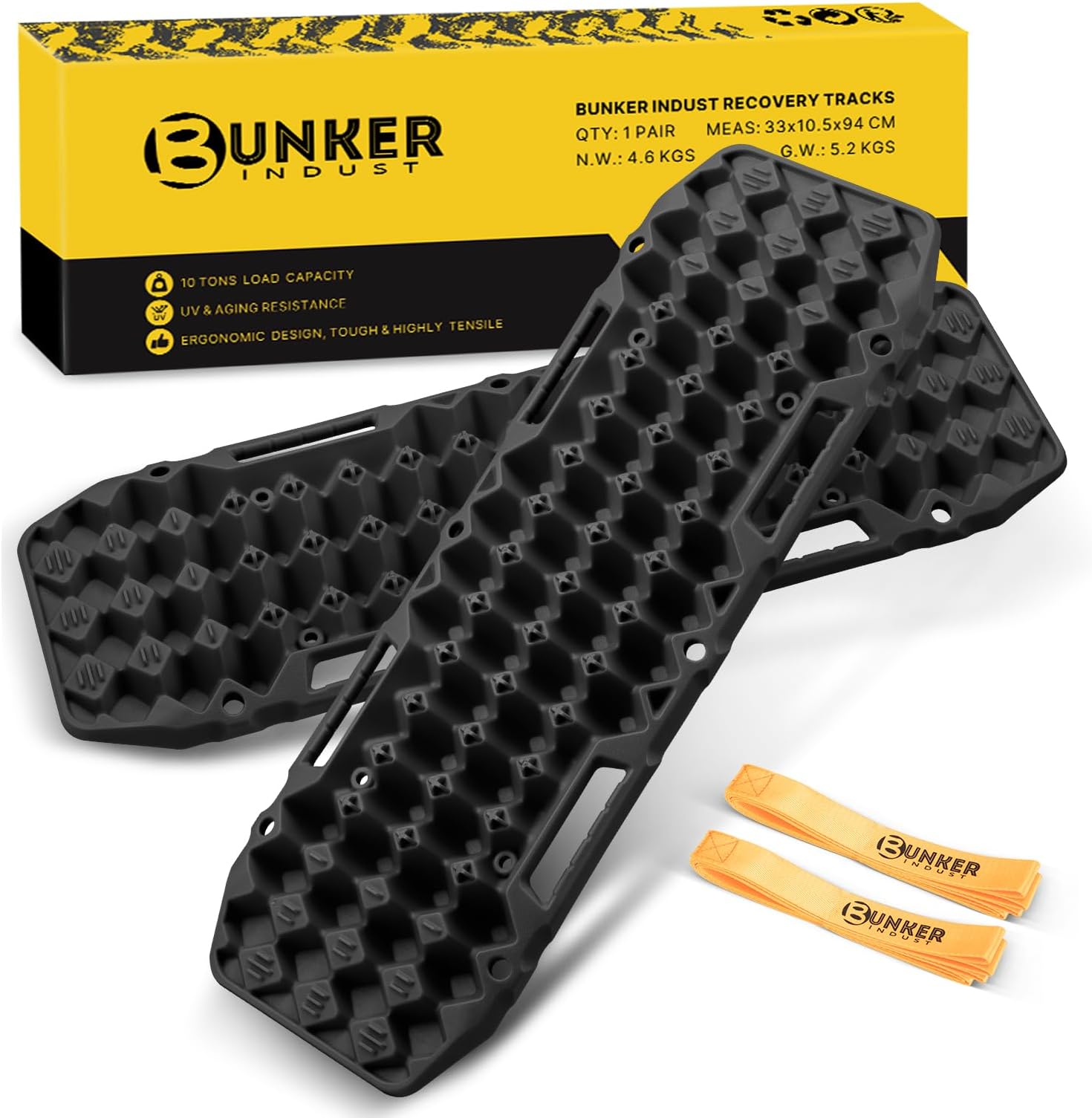 BUNKER INDUST Off-Road Traction Boards, Pair Recovery Tracks Traction Mat for Jeep Mud, Sand, Snow Traction Pads-Black Emergency Tire Traction Device (Gen 10th)