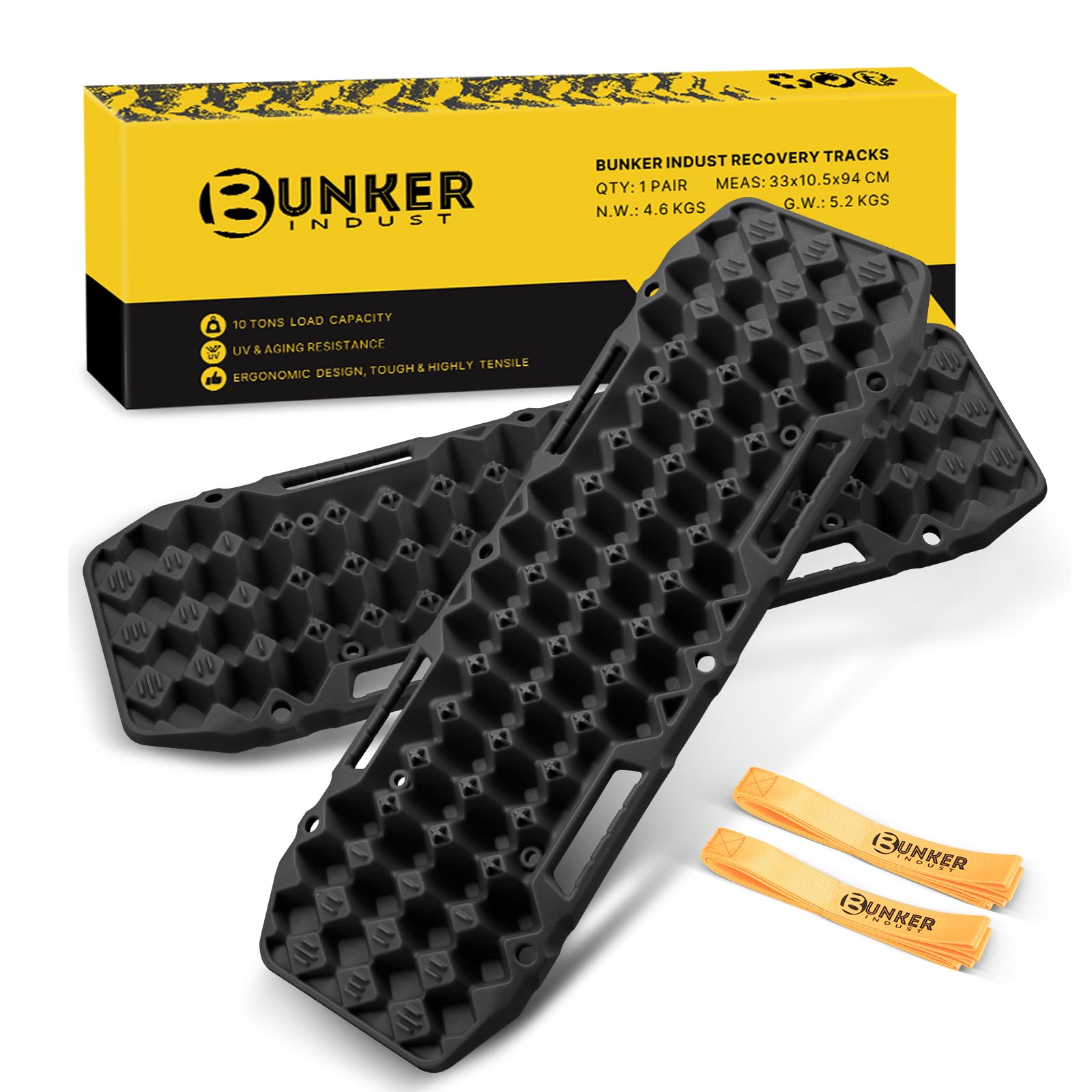 BUNKER INDUST Off-Road Traction Boards, Pair Recovery Tracks Traction Mat for 4WD Jeep Mud, Sand, Snow Traction Pads-Black Emergency Tire Traction Device