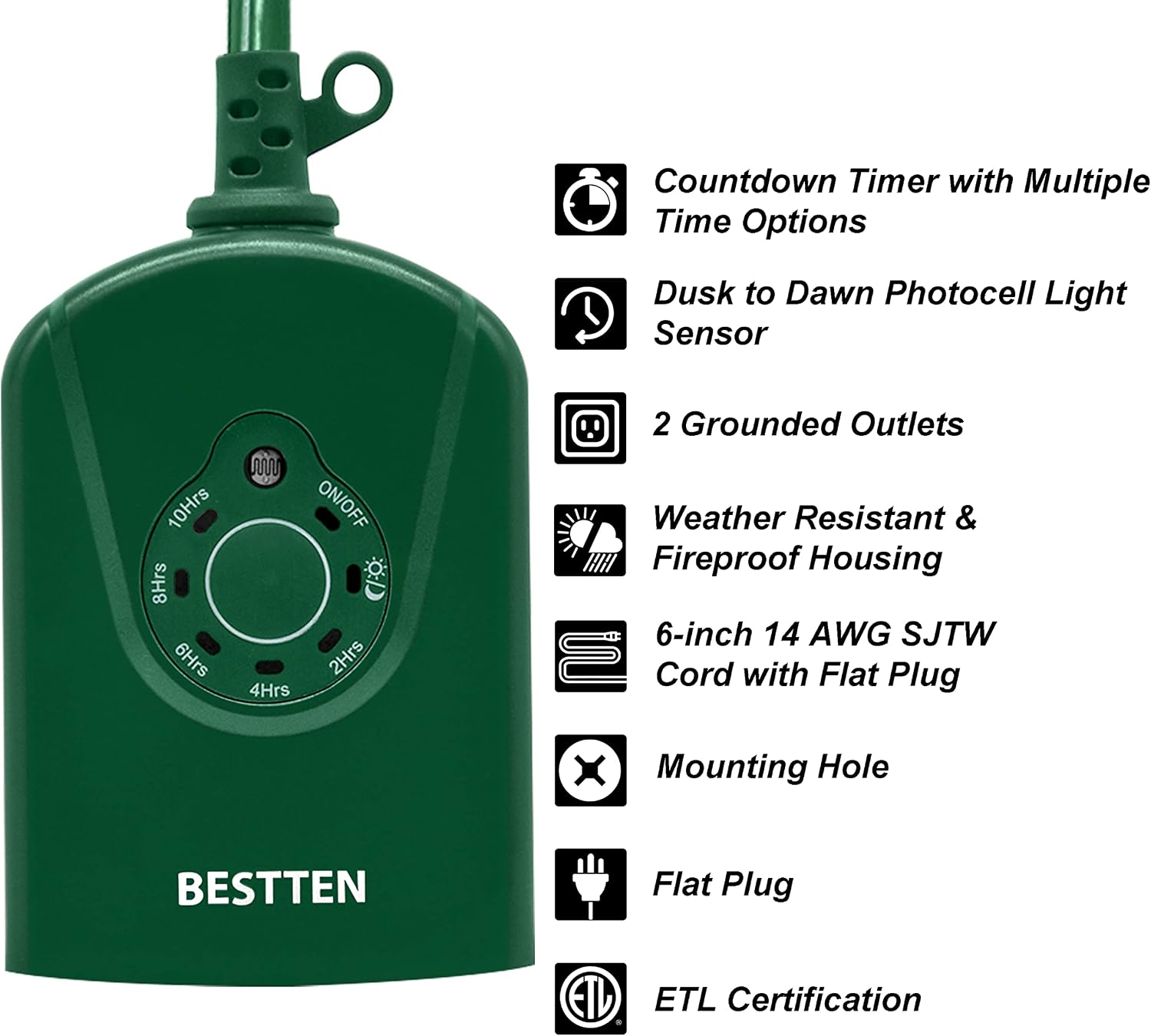 [2 Pack] BESTTEN Weatherproof Outdoor Timer with Photocell Light Sensor and Push Button Dusk to Dawn Countdown Timer, 2 Grounded Outlets, Green, ETL Listed