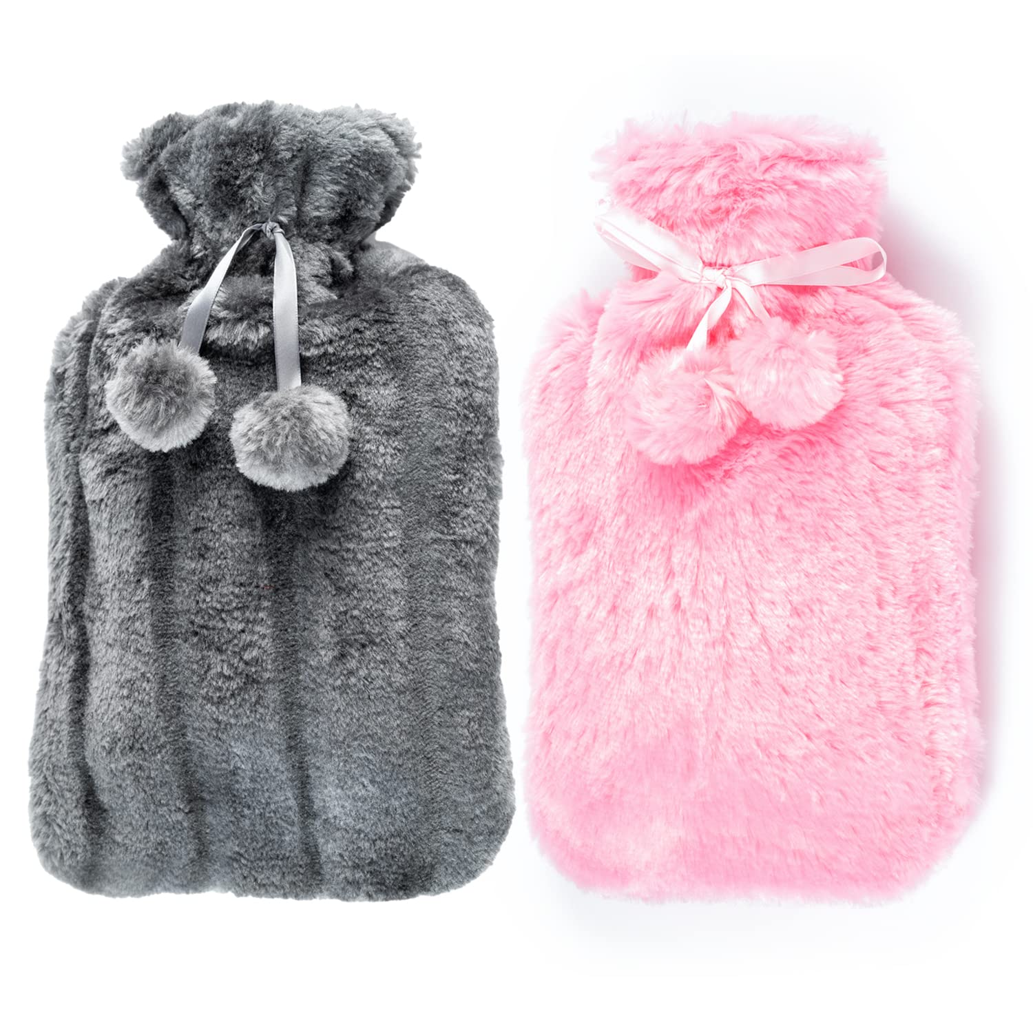 2 x Wärmflaschen mit Bezug UK – 2 x Naturkautschuk 2 Liter Wärmflaschen – perfekter Wärmbeutel zur Schmerzlinderung, Handfüße wärmer (Cremeflaschen mit 1 dunkelgrauen und 1 x babyrosa Bezug)
