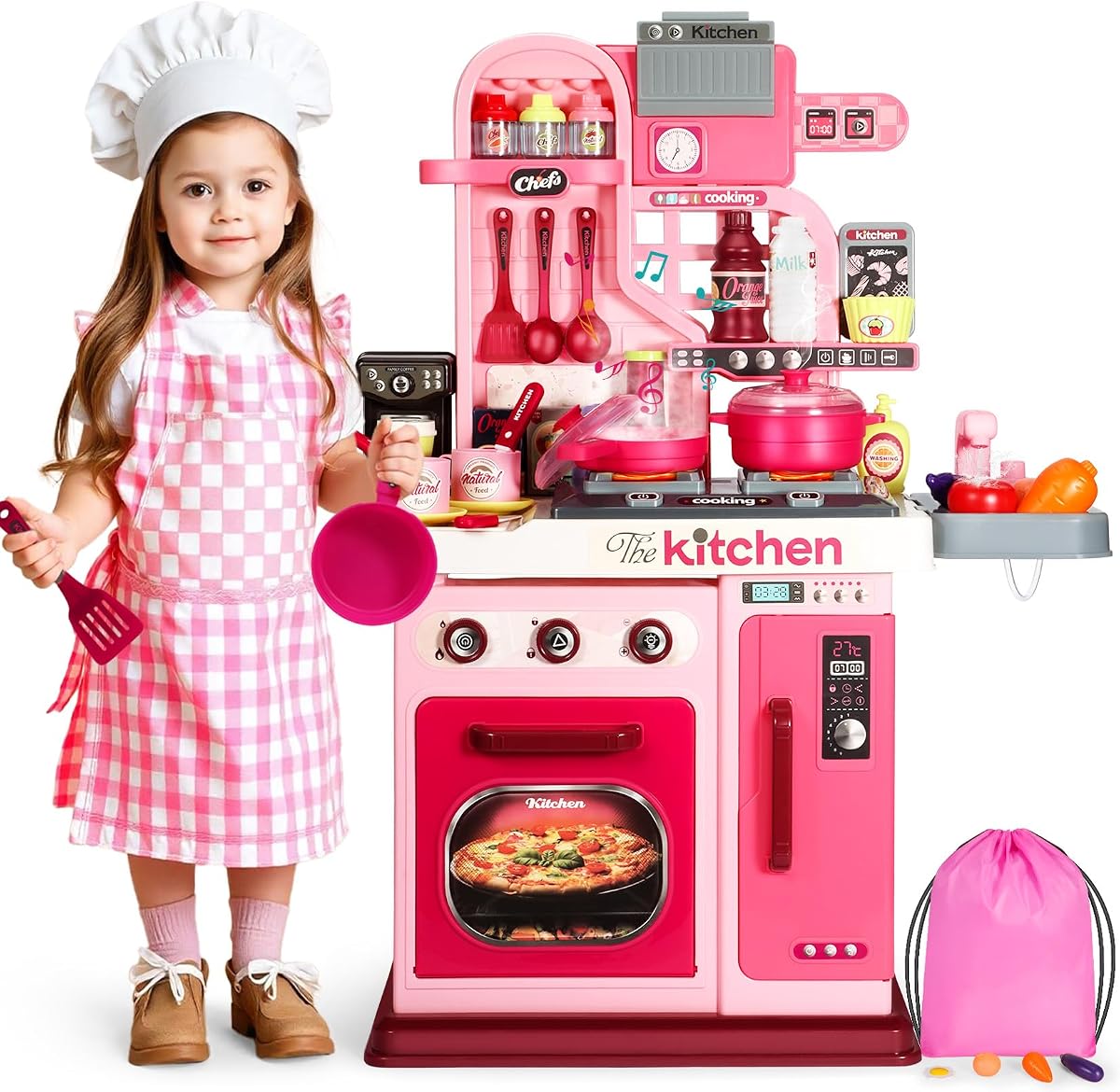 DRAMATION Kids Kitchen Playset, 27.1 in Play Kitchen with Sound and Light | Kitchen Set for Kids Aged 3-5 6-8, Toy Kitchen with Cooking Stove, Play Sink and Kitchen Accessories (Pink)