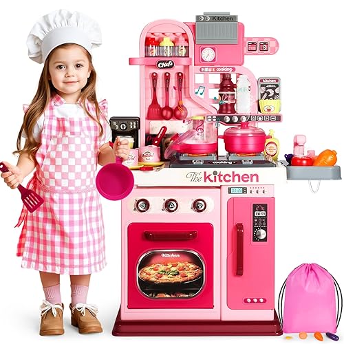 DRAMATION Kids Kitchen Playset, 27.1 Inches Play Kitchen with Sound and Light, Kitchen Set for Toddlers 1-3 3-5, Cooking Stove, Play Sink and Kitchen Accessories, Toy Kitchen (Pink)