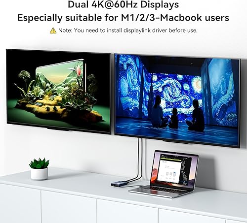 Miniatura 3 de ACASIS Adaptador USB C a Dual HDMI DisplayLink, 4K 60Hz, 2 puertos HDMI y 3 puertos USB-A, carga PD de 100 W, estación de acoplamiento USB C