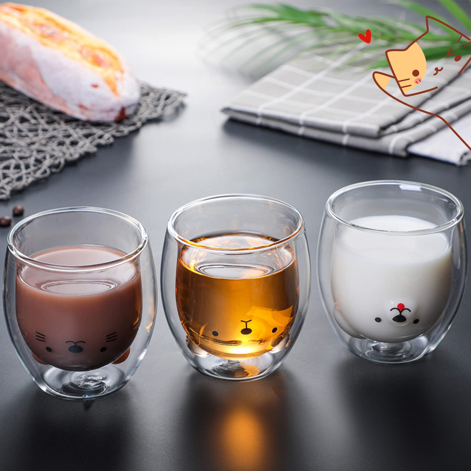 Set da 4 Pezzi Tazze per Gatti Carine in Vetro a Doppia Parete, Simpatica Tazza per Animali Con 4 Cucchiai e 4 Sottobicchieri, Tazza di Caffè Resistente al Calore