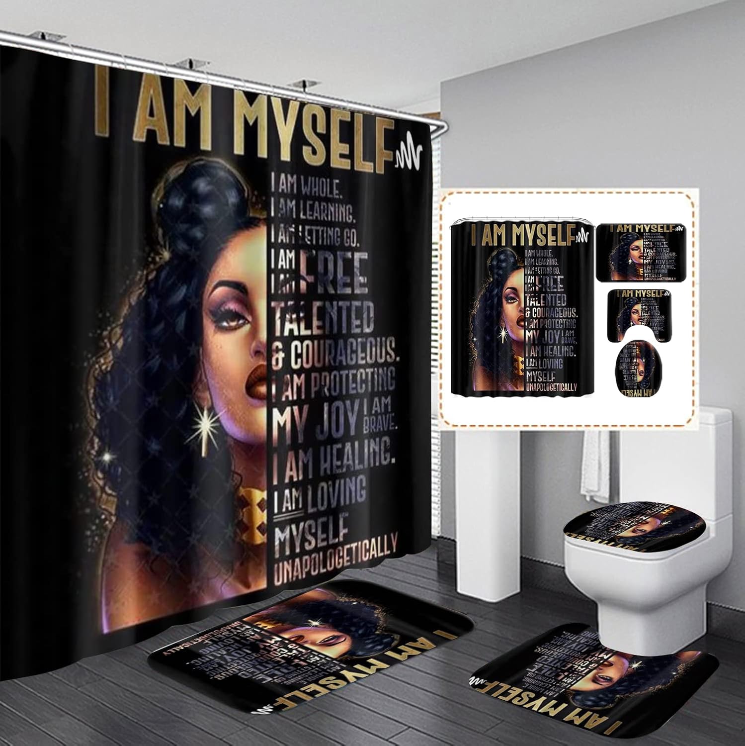 MrLYouth 4PCS African American Woman Shower Curtains Bathroom Confident Bathroom