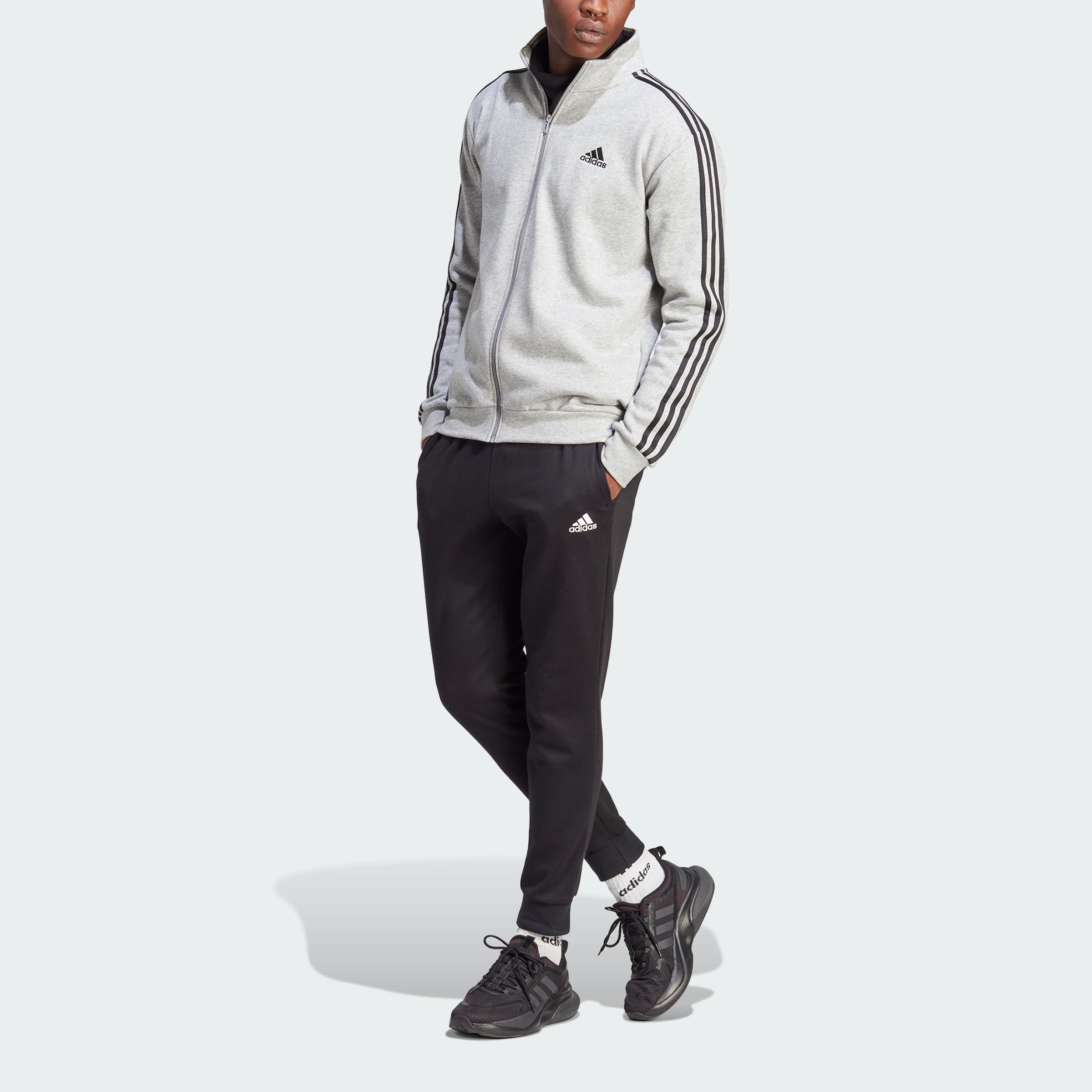 adidas Herren Basic 3-Stripes Fleece Track Suit, Medium Grey Heather/Black, L