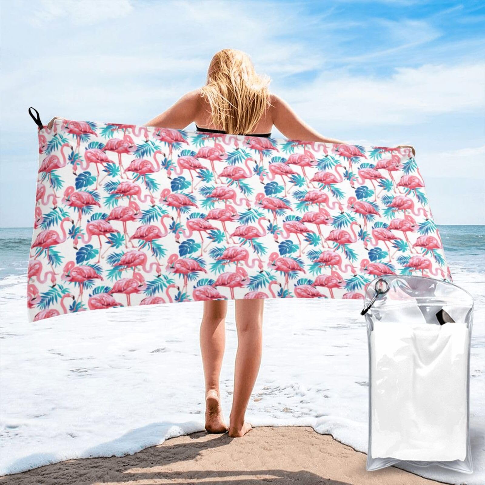 DIEzig Flamingo Bird Green Plant Leaf Print Beach Towel Fast Dry Thin For Holiday Vacation Cruise Gym Swimmers