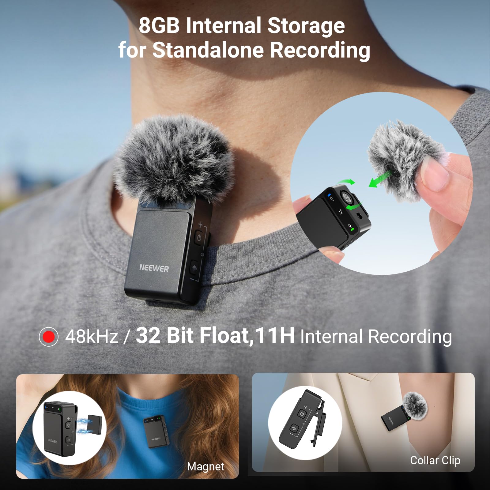 NEEWER CM36 Pro Bezprzewodowy mikrofon krawatowy, Micro USB C 48kHz 24/32 bit pływający 85dB SNR AI redukcja szumów głuchy niskie cięcie 8 GB bateria zapasowa 54 h 2,4G Zasięg 100 m 3,5 mm Monitoring