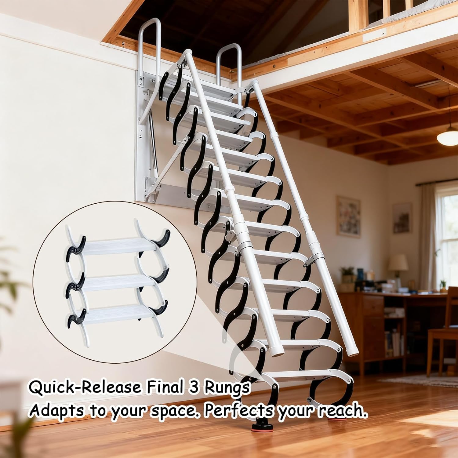 10FT Wall Mounted Retractable Attic Ladder, Folding Loft Stairs with 2 Handrails & Pull-Down System, Extra Wider Attic Stairs for Indoor, for Indoor, Garage, Basement, Storehouse, 660lb (12 Steps)