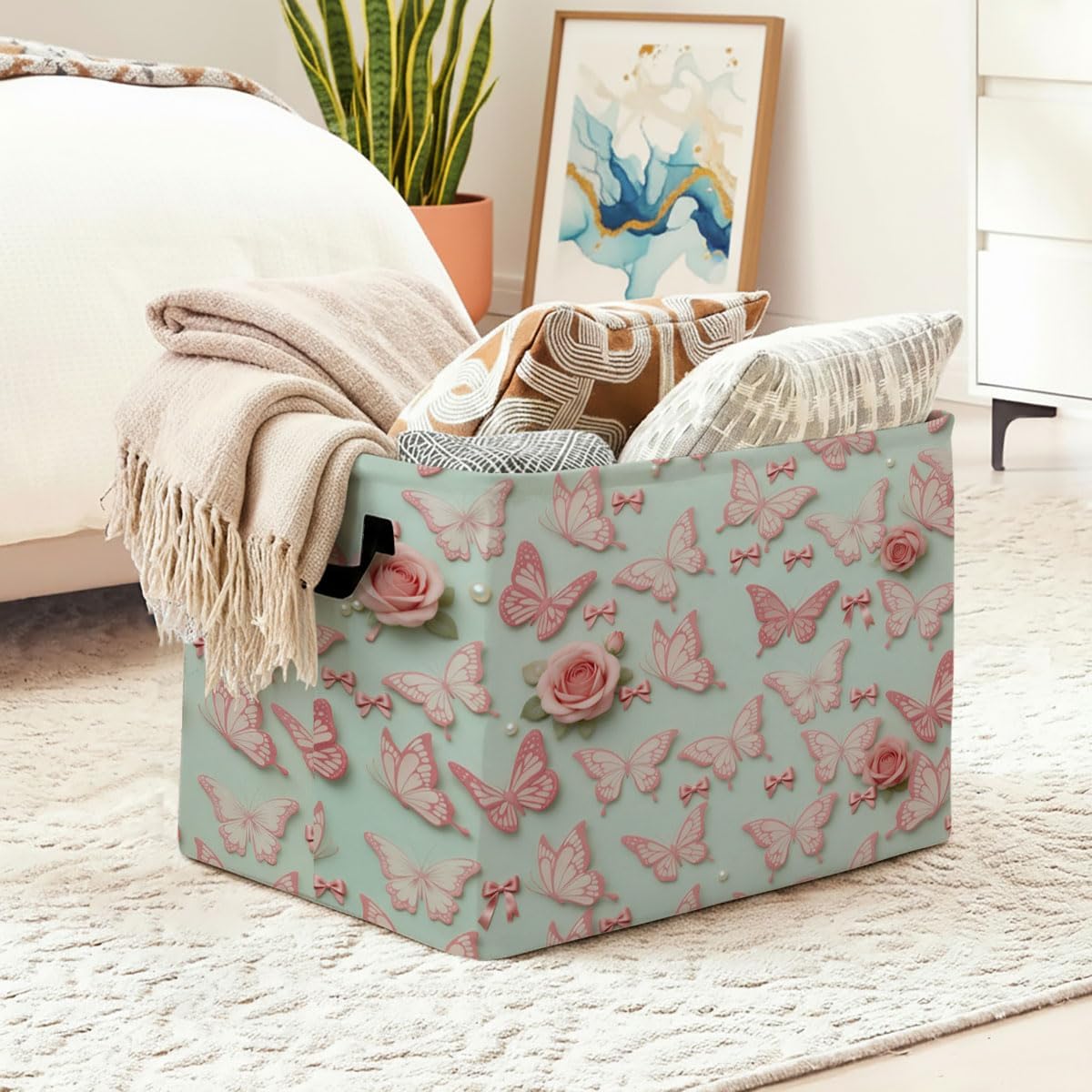 56L Butterflies Laundry Basket Clothes Hamper with Handles,Foldable Blanket Storage Large Laundry Hamper with Waterproof,Toy Storage Bin Organizer,Clothes Organizer,Home Decor Gifts image 2