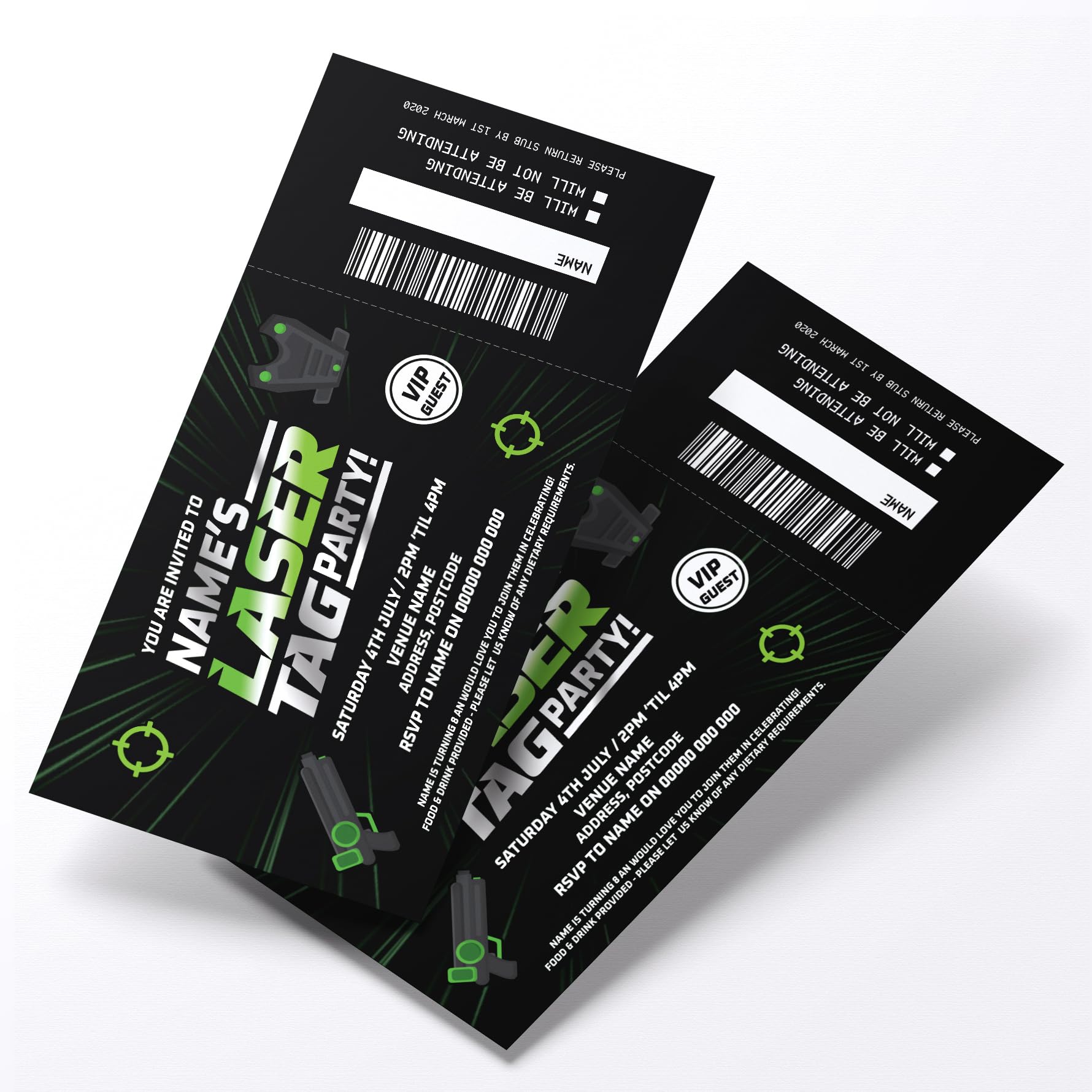 MJ DESIGN & PRINT Personalised Laser Party Ticket Style Invitations, Perforated Stubs, Realistic, Novelty, Unique, Kids, Fun, Birthday, Invites