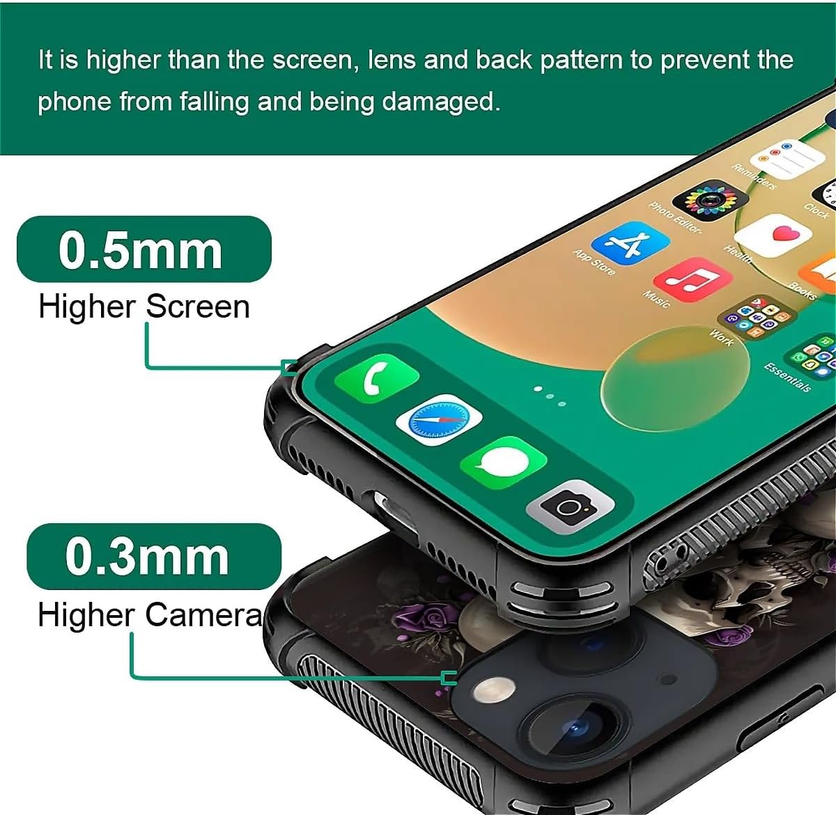 for iPhone 14 Case, Shockproof Protective for Man Women Non-Slip for iPhone 14 Illustration Scary Skulls Purple Roses Crazy Pattern - Image 4