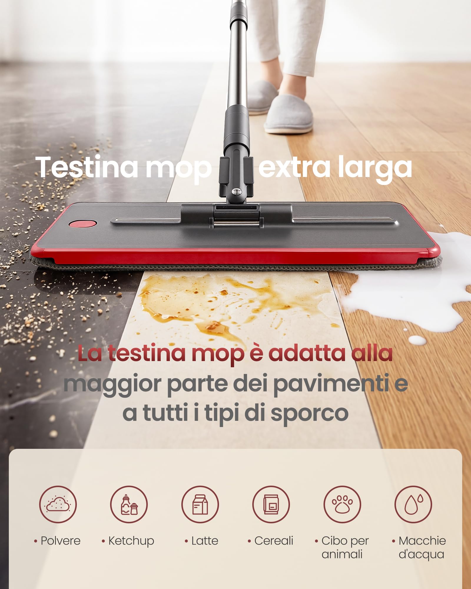 SONGMICS Mocio Lavapavimenti con Secchio, Acqua Pulita/Sporca Separata, Secchio a 3 Scomparti, Strizzatore, Mop Piatto, Testina Girevole a 360°, 5 Panni Microfibra, Grigio e Rosso LMB001GT05