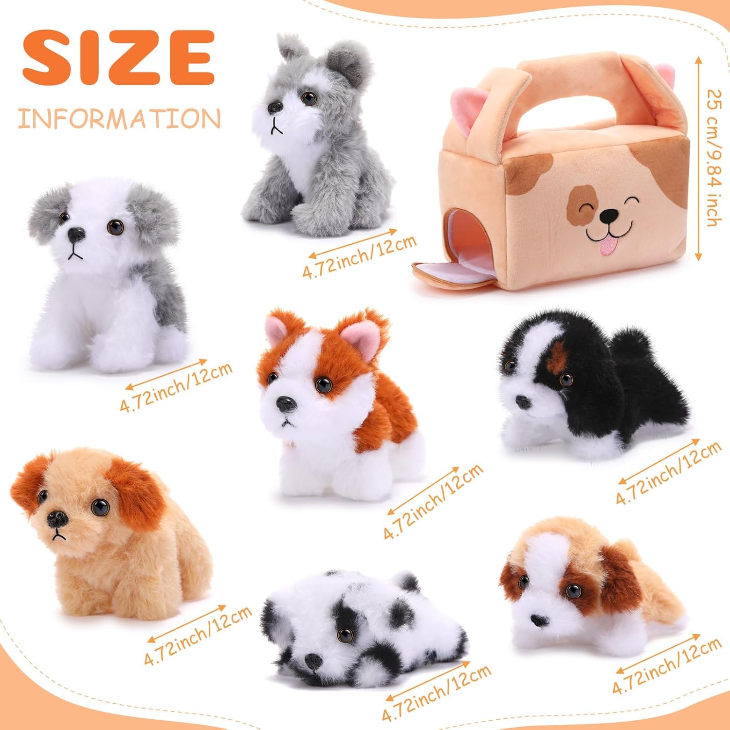 8 Pcs Small Dog Stuffed Animal Set Plush House with 7 Fluffy Puppy Stuffed Animal Toys for Kids Birthday Gifts Pet Party Favors Easter Stuffers