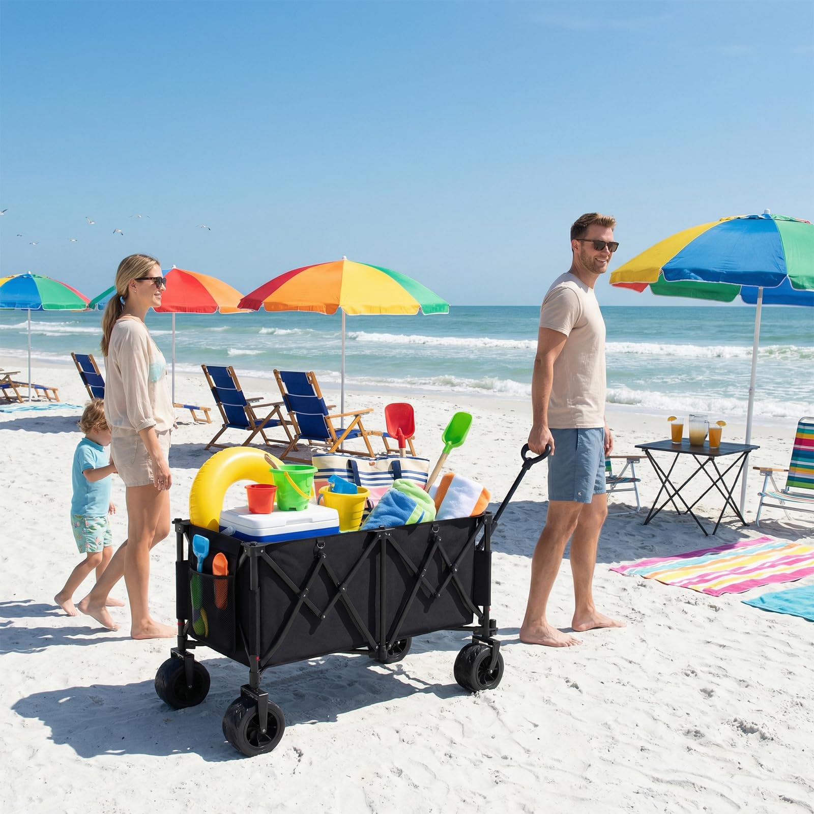 Devoko 260L Chariot de Plage Maximum 200KG Chariot de Jardin,Diable Pliant avec Freins,Chariot Pliable Poignée Réglable,Brouette Jardin,Chariots à la Plage Chariots de Transport pour Le Camping Noir