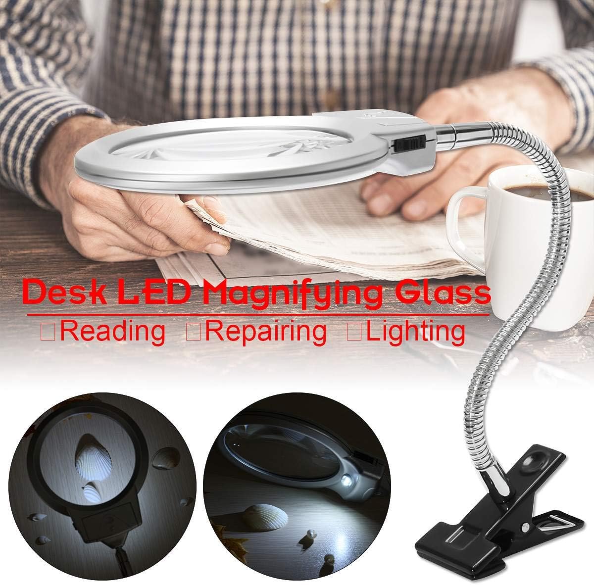 5D Diamond Painting Magnifying Tools, LED Light with Magnifiers for Diamond Painting, 4X & 6X Magnifier with Clip and Flexible Neck, Cross Stitch Tool Accessory Magnifier Lamp (Use Three Batteries)