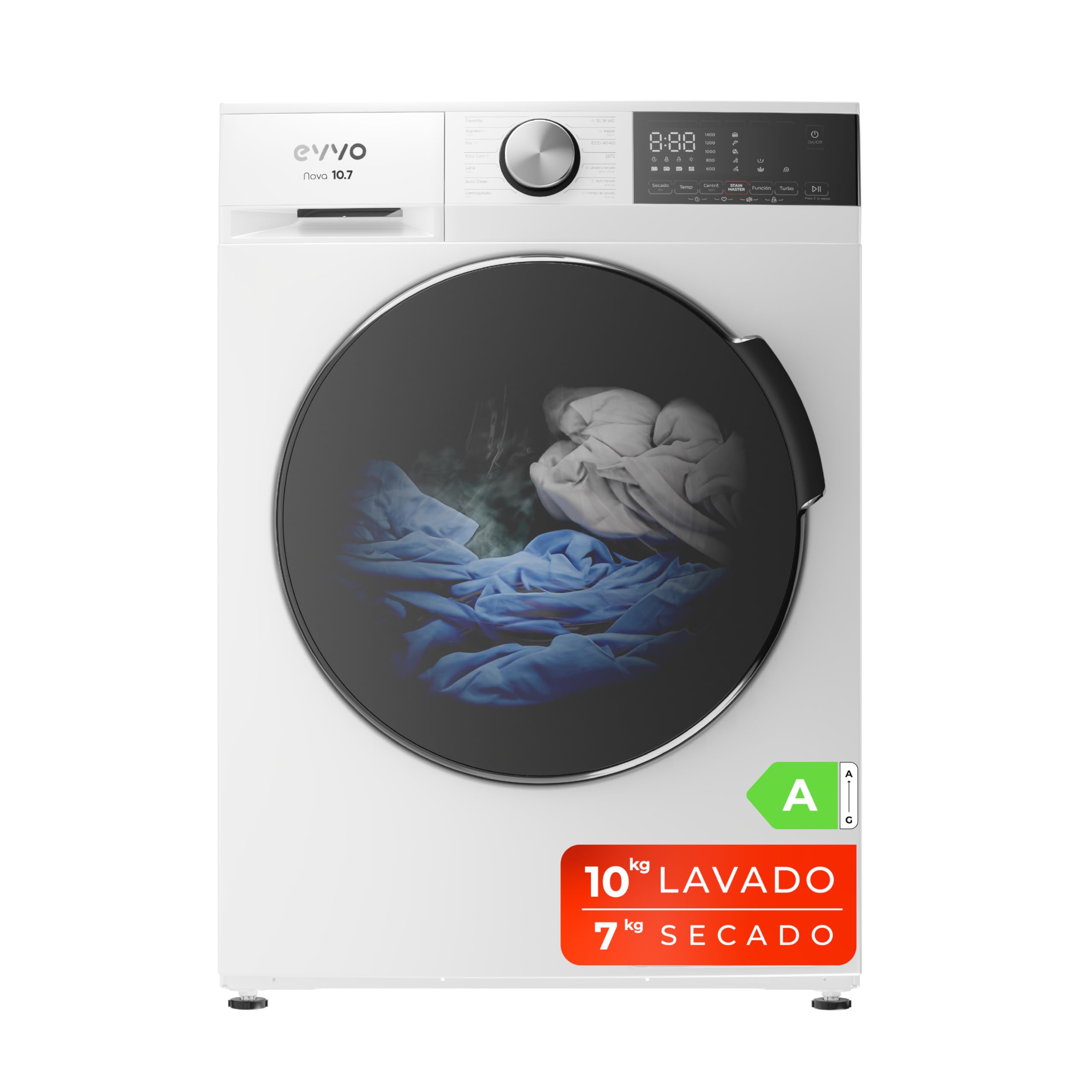 EVVO Washing Machine Dryer 10 kg + 7 kg, Steam, Inverter Motor, Wash and Dry in 1 Hour, ePROTECT Drum, Smart LOAD, 1400 rpm, Energy Class A, Front Load, Nova (10/7 kg, White)