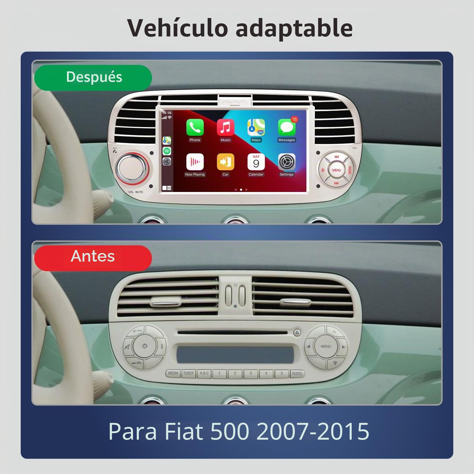 Radio de Coche Doble DIN Compatible con CarPlay Inalámbrico Android para Fiat 500 2007-2015 Pulgadas IPS Radio Bluetooth/FM/Am/USB/EQ