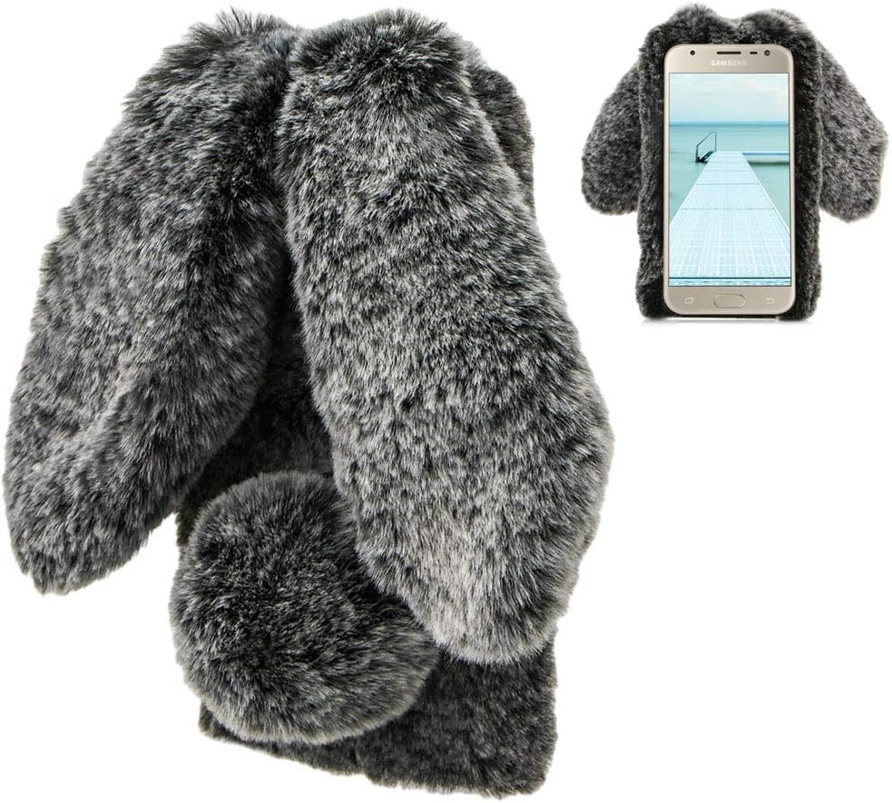 LCHDA Rabbit Case for Samsung Galaxy J3 2018, Cute 3D Bunny Ears Soft Furry Hairball Fuzzy Winter Warm Faux Fur Plush Fluffy Flexible TPU Bumper Protective Skin Cover for Women Girls - Black