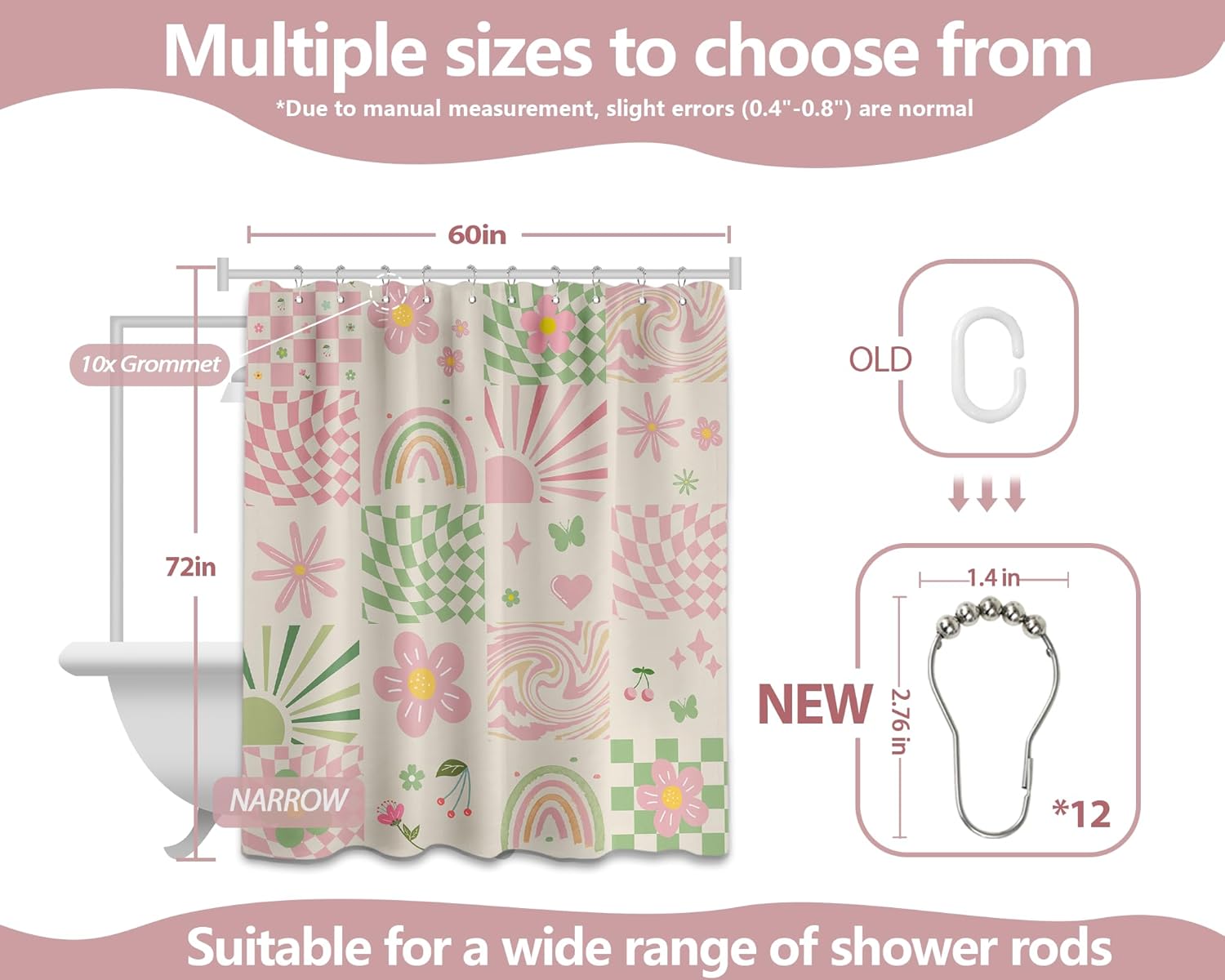Retro Shower Curtain Cute Pink Y2k Groovy Girls Floral Bathroom Decor, Waterproof Cloth Fabric with Hooks 60" W x 72"