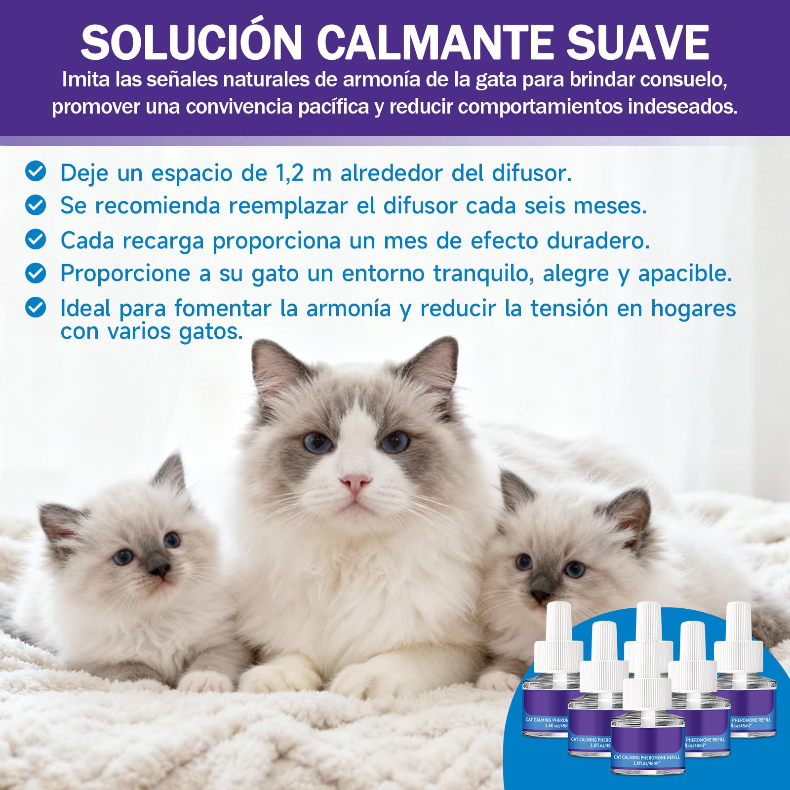 6 Recargas de Feromonas para Gatos - Recambios para Difusor Calmante de Gatos, Relajación, Suministro de 6 Meses, Recarga para Difusor Calmante (Compatible con Todos los Difusores Comunes)