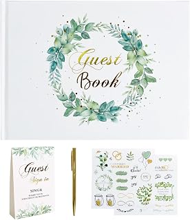 Wedding Guest Book - 9x7'' Personalized Wedding Reception Registry Book with 120 Hard Cover Blank Pages, Pen, DIY Stickers and Guestbook Registry Table Sign for Weddings, Bridal Proposal, Party