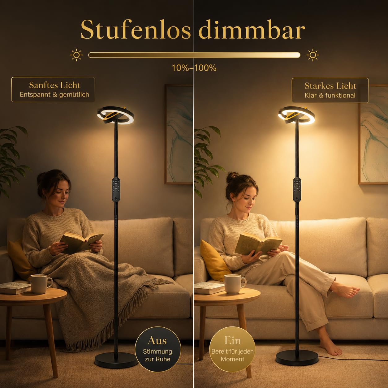 Stehlampe Wohnzimmer LED Dimmbar, 36W Super Hell 2000LM Deckenfluter mit Fernbedienung, 2 Drehbar C-Ring Lampenköpfe, 191cm Moderne Stehleuchte für Schlafzimmer Büro Esszimmer, Schwarz
