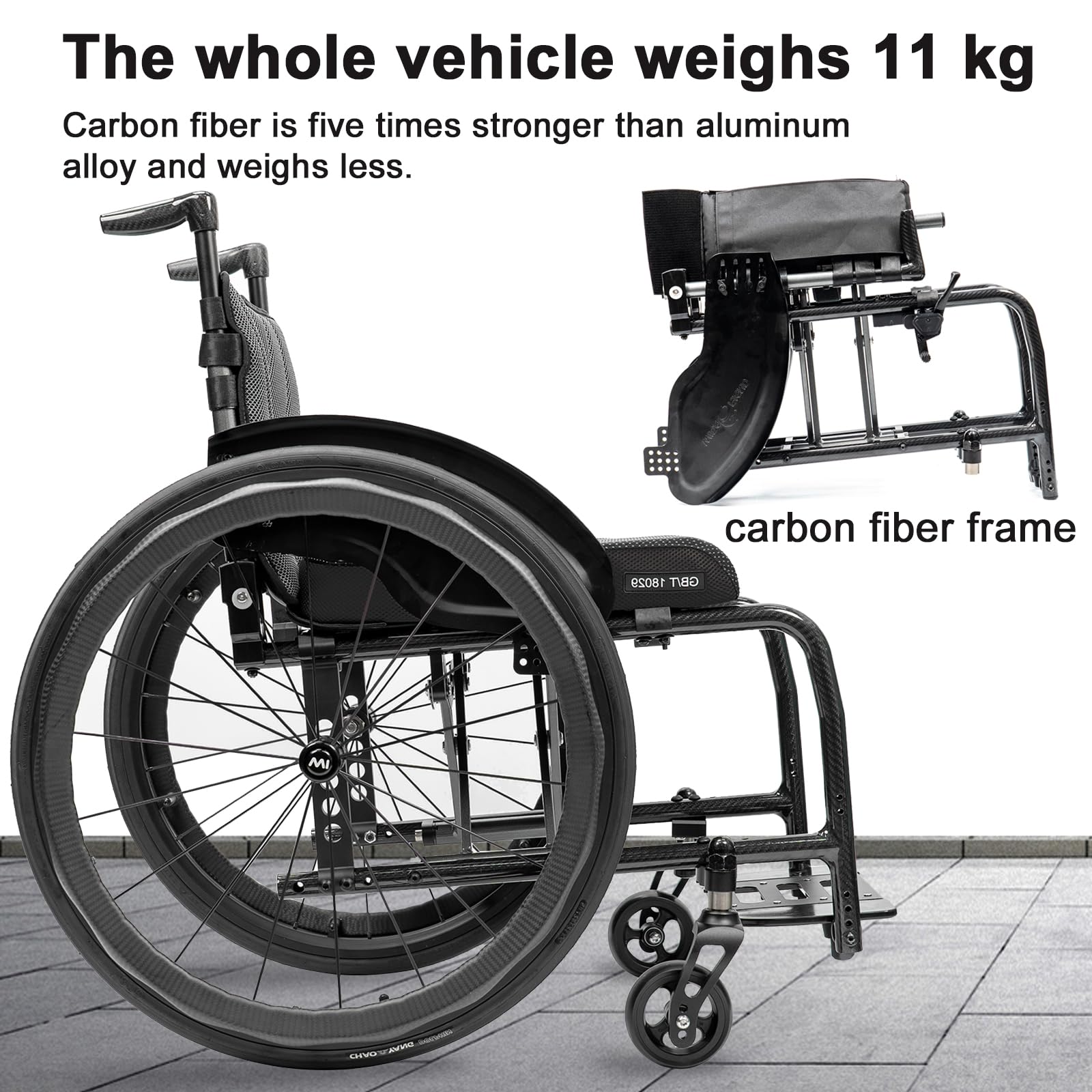 Silla de Ruedas Deportiva de Fibra de Carbono, Silla de Ruedas Plegable Ligera y silenciosa, con Dos Brazos Reforzados en Forma de X en la Parte Inferior, Capacidad de Carga de 100 kg(Seat