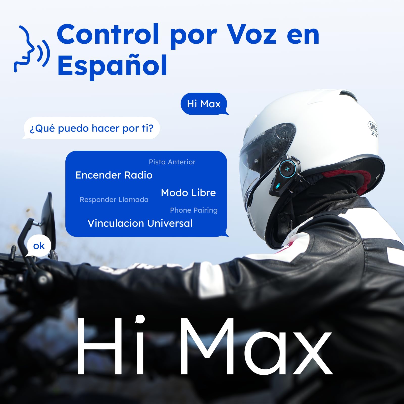 Intercomunicador Casco Moto, Control por Voz en Español, 4 Motociclistas Intercom, Bluetooth 5.4, FM, Cancelación de Ruido, Emparejamiento Universal, IPX7 - D10 Individual