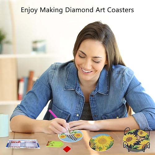 Miniatura 6 de TDOOW 8 Piezas Posavasos de Pintura de Diamante, Posavasos de Arte de Diamante de Girasol para Adultos DIY Posavasos de Arte de Diamante para