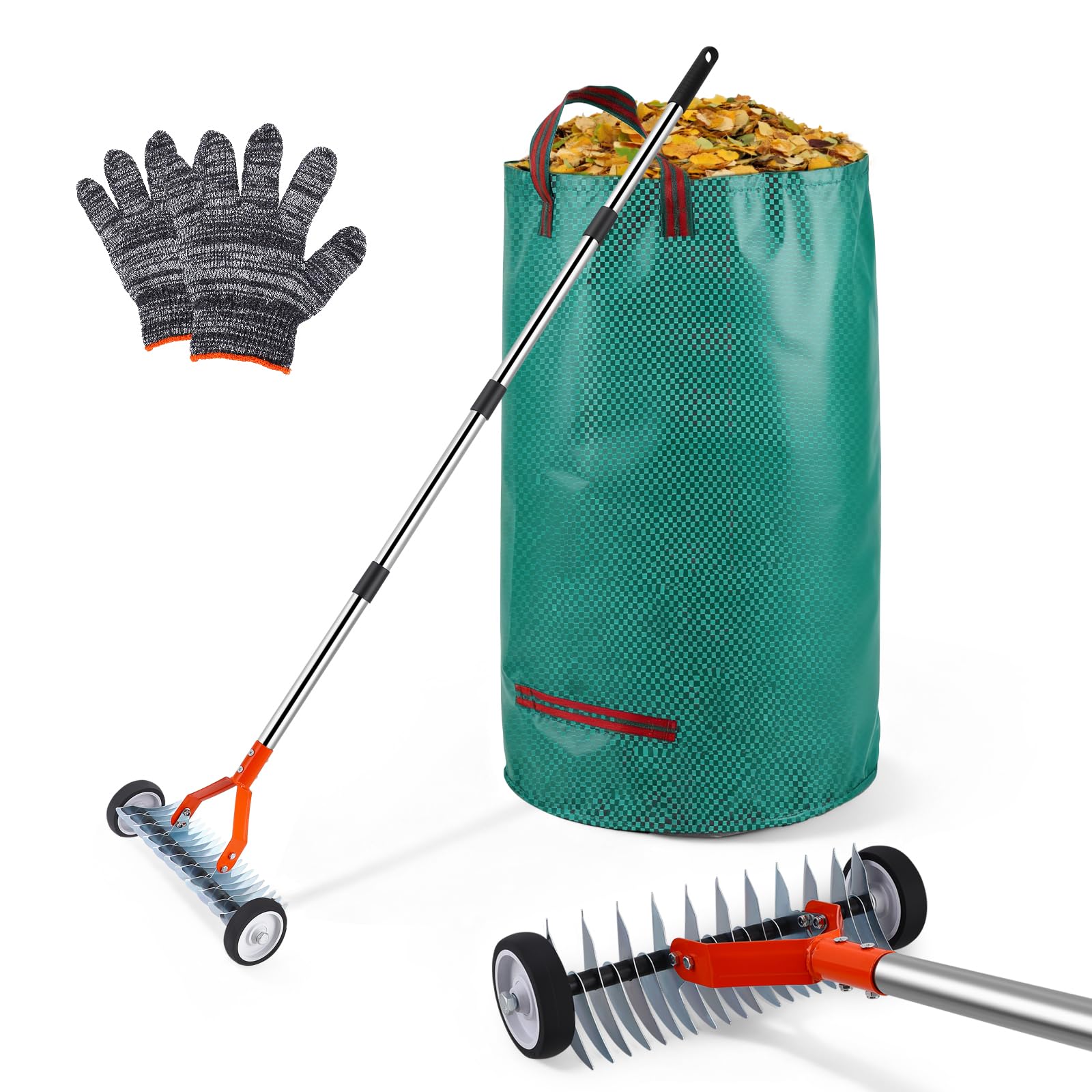 Escarificador de mano con ruedas, rastrillo escarificador con mango 166 cm, aireador de césped con ruedas, rueda de metal para jardín, extraíble, rastrillo de escarificador ajustable, rastrillo de