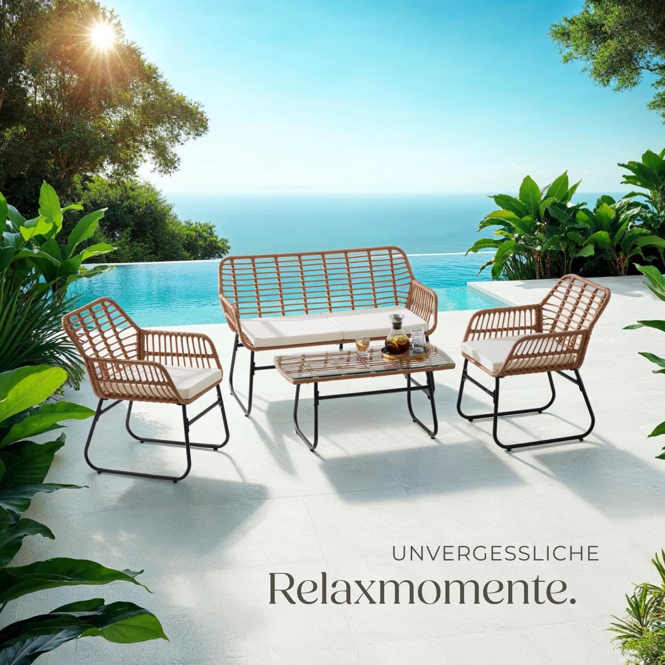 tectake® Outdoor Rattan Sitzgruppe, Möbel, Balkonmöbel, Gartenmöbel Set mit 1x Gartenbank, 2X Stühle + Tisch, Balkonmöbelset für Garten, Terrasse, Balkon - Natur