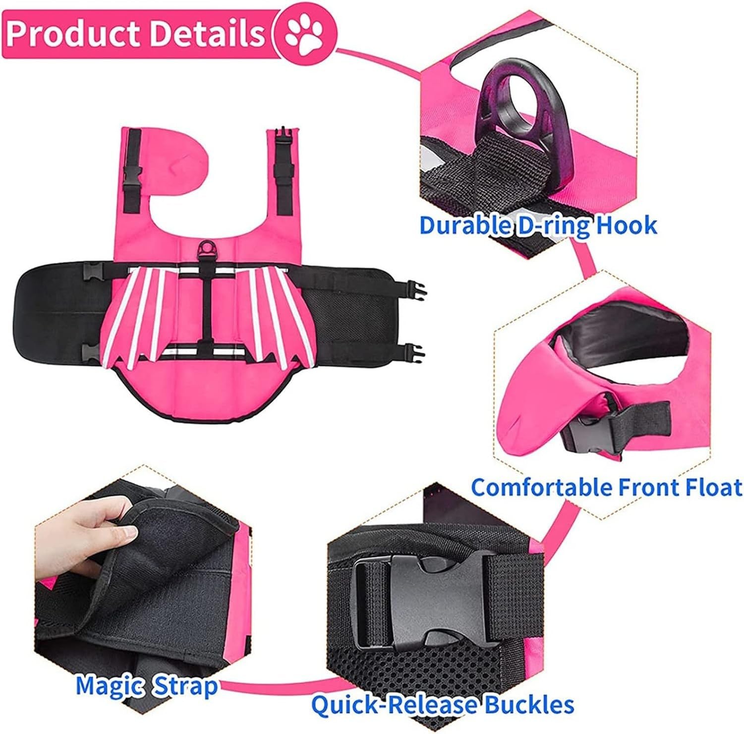 Chaleco Salvavidas para Perro, Diseño de Alas Pet Life Vest, Ajustable y Reflectante para Nadar, Chaleco de Seguridad Flotante para Perros Pequeños, Medianos y, Pink, XL