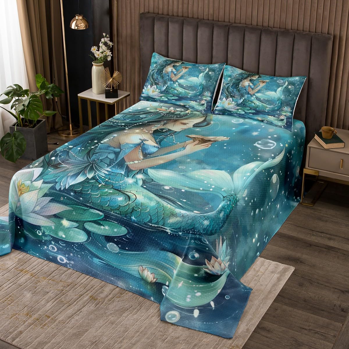 Manfei Blue Mermaid Kids Bedspread Queen Size, Lotus Flower Mermaid Girl Coverlet Set for Princess Women Room Decor, Caroon Mermaid Quilted Coverlet with 2 Pillowcases, Soft Polyester Bedding Quilt