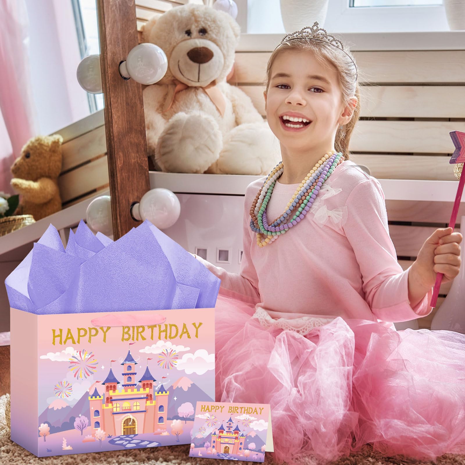 Hooqict Large Princess Gift Bag Birthday Gift Wrap Bag with Ribbon Handles, Tissue Paper, Greeting Card for Kids Girls Women Castle Princess Birthday Party Decorations Favor (Pink and Purple)
