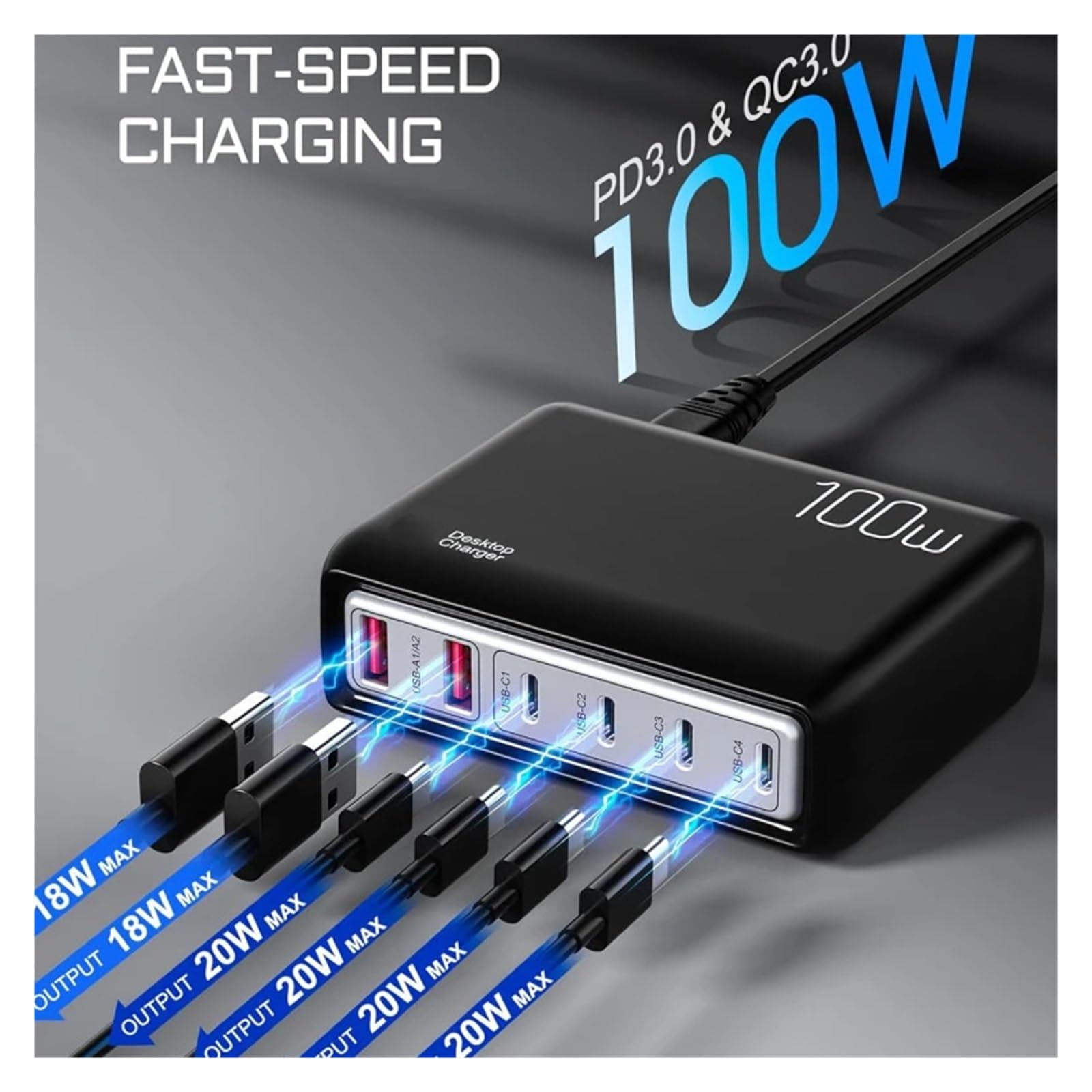 Stazione Di Ricarica USB C, Caricabatterie Da 100 W Hub Tipo A 6 Porte For Più Dispositivi Con Rapida PD3.0 E QC3 Capacità Di Ricarica Rapida(WHITE)