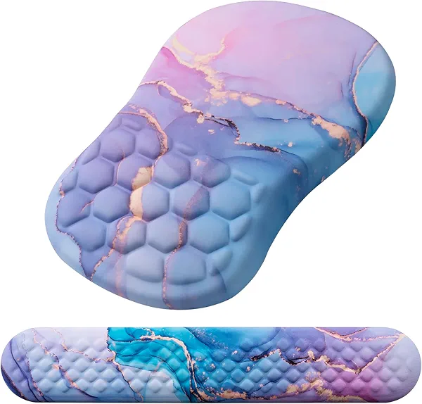 Mouse Pad Wrist Support, Laokiiy 2 in1 Keyboard Wrist Rest+ Ergonomic Mouse Pad, Non-Slip Wrist Rest for Computer Keyboard, Made Easy Typing & Relieve Wrist Pain(Blue Pink Marble)