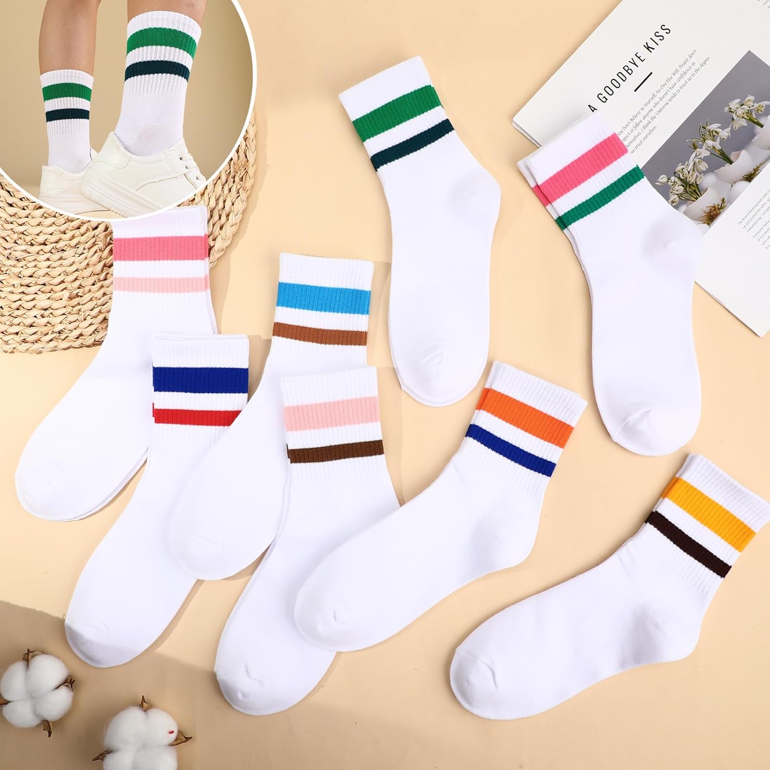 Retro Striped Crew Socks for Women - 8 Pairs Vintage Breathable Cotton Striped Socks, Comfortable Athletic Running Casual Sock - Image 6