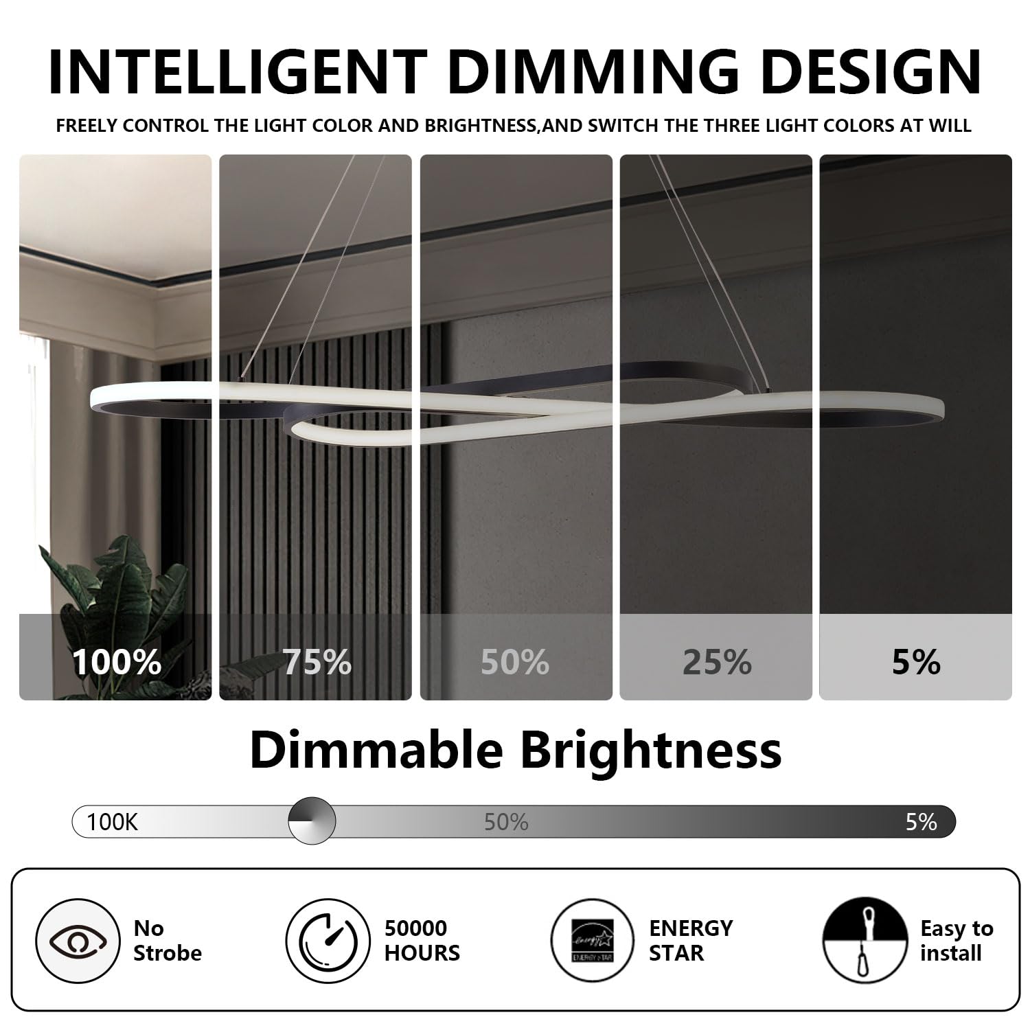 Lampadario Moderno a LED Dimmerabile Nero per Sala da Pranzo - Luce Sopra il Tavolo, Illuminazione Moderna per Isola Della Cucina con Telecomando, Altezza Regolabile