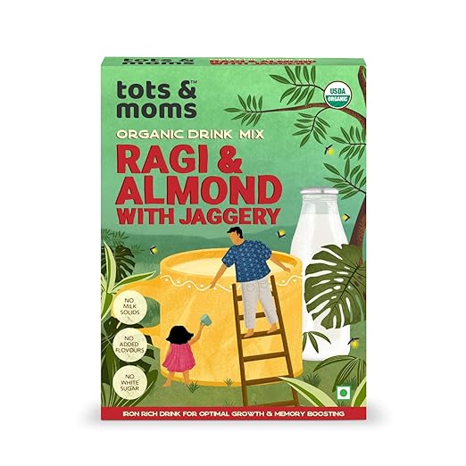 Tots & Moms Foods Ragi & Almond Health Drink Mix with Jaggery | No White Sugar or Milk Powder, Wholesome & Nutritious Drink for Kids & Adults-200g