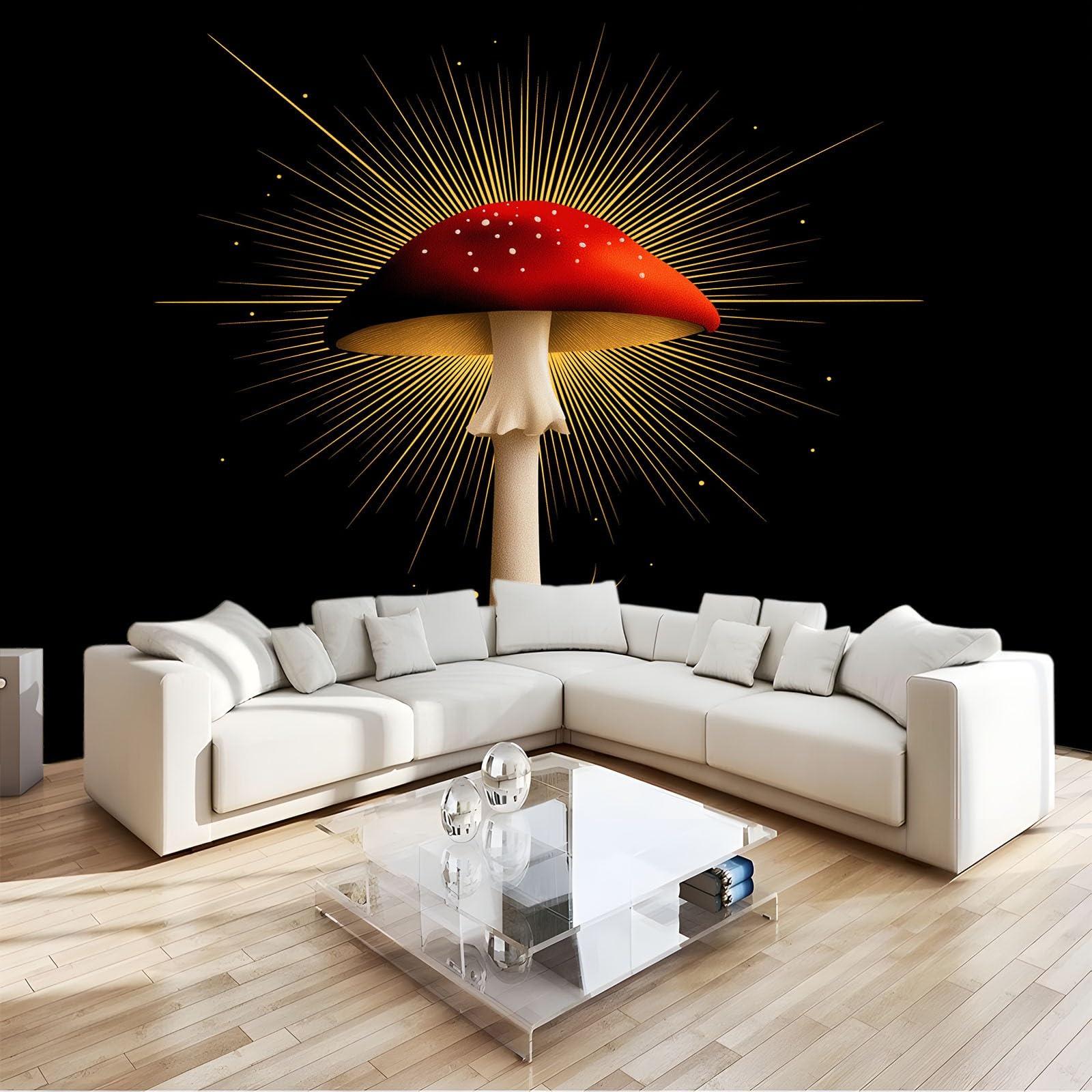 Generico Tapeta z efektem 3D elegancka czerwona roślina grzybowa, czarna dekoracyjna tapeta panoramiczna - do salonu przedpokoju biura 350 x 256 cm (szer. x wys.)