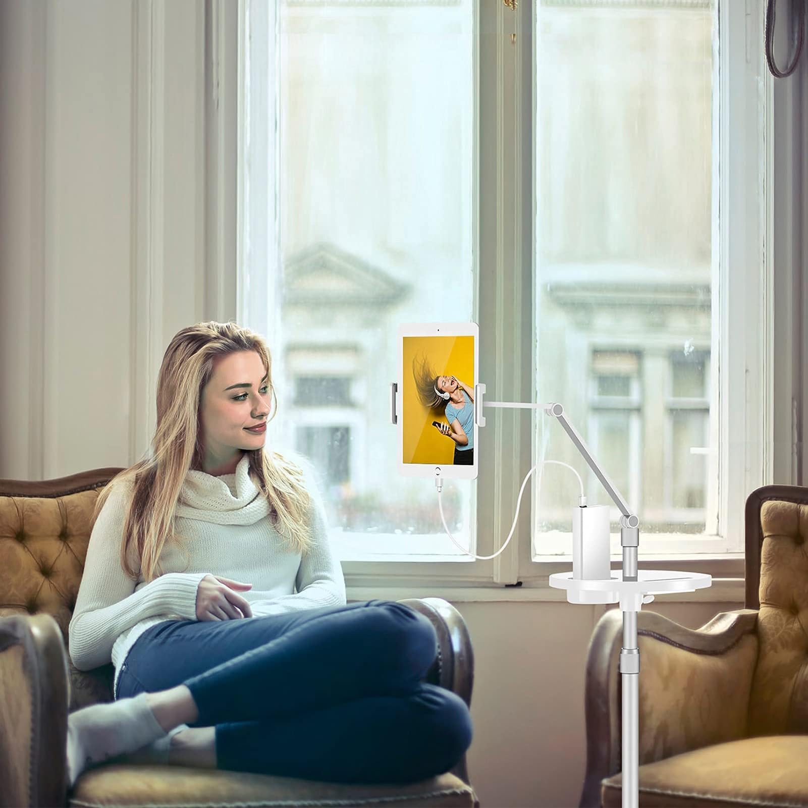 Bodenständer, Tablet-Halterung Mit Hebeablage, Verstellbare Universal-Höhenhalterung, Kompatibel Mit IPads Und Smartphones Von 4,7 Bis 12,9 Zoll(White)