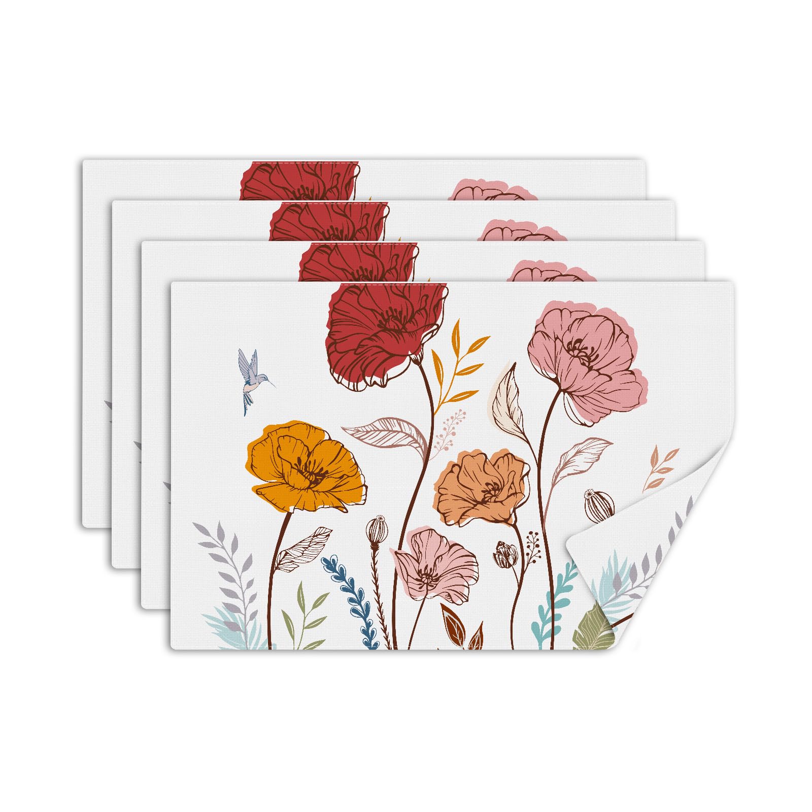 comfoyar Poppy Line Drawing Table Placemats Set of 4, 45x30cm Washable Heat Resistant Watercolor Floral Place Mats, Absorbent Summer Vintage Linen Table Mats for Kitchen Dinning Party Decoration — image 1